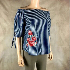 KENSIE Blue Striped Off The Shoulder Top NWT MEDIUM